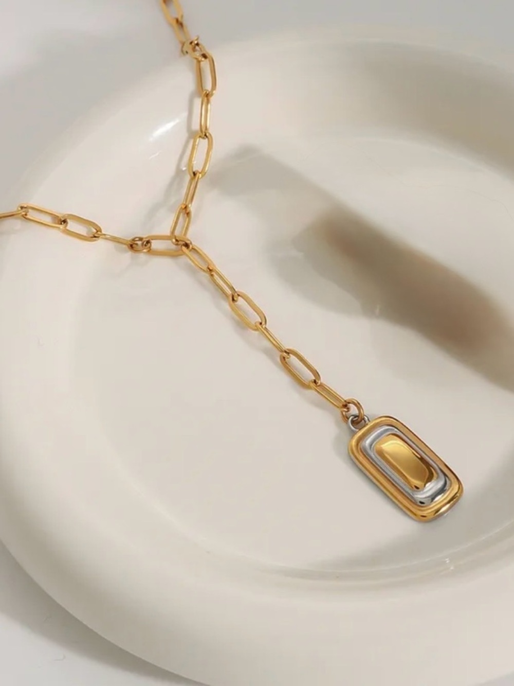 Two-Tone Rectangle Pendant Link Necklace NWT 18KT Gold Plated PVD Coated